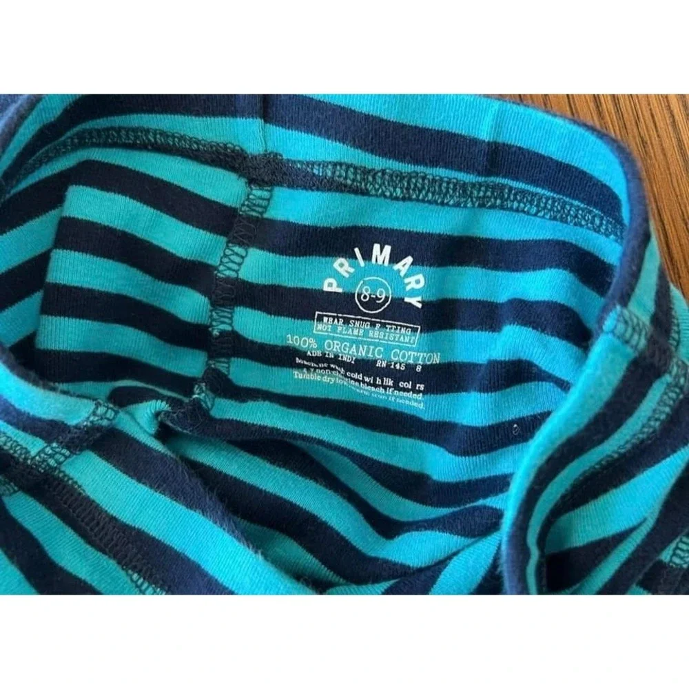 Primary pjs 💯 organic cotton Unisex‎ Kids Pj top Size 10, bottoms Size 8/9 Blue